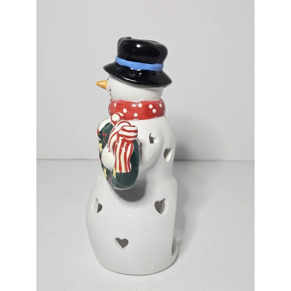 Hallmark Ceramic Snowman Tealight Candle Holder Heart Cutouts Christmas Vintage